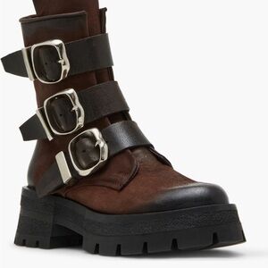 Women's Brown Leather Buckle Boots